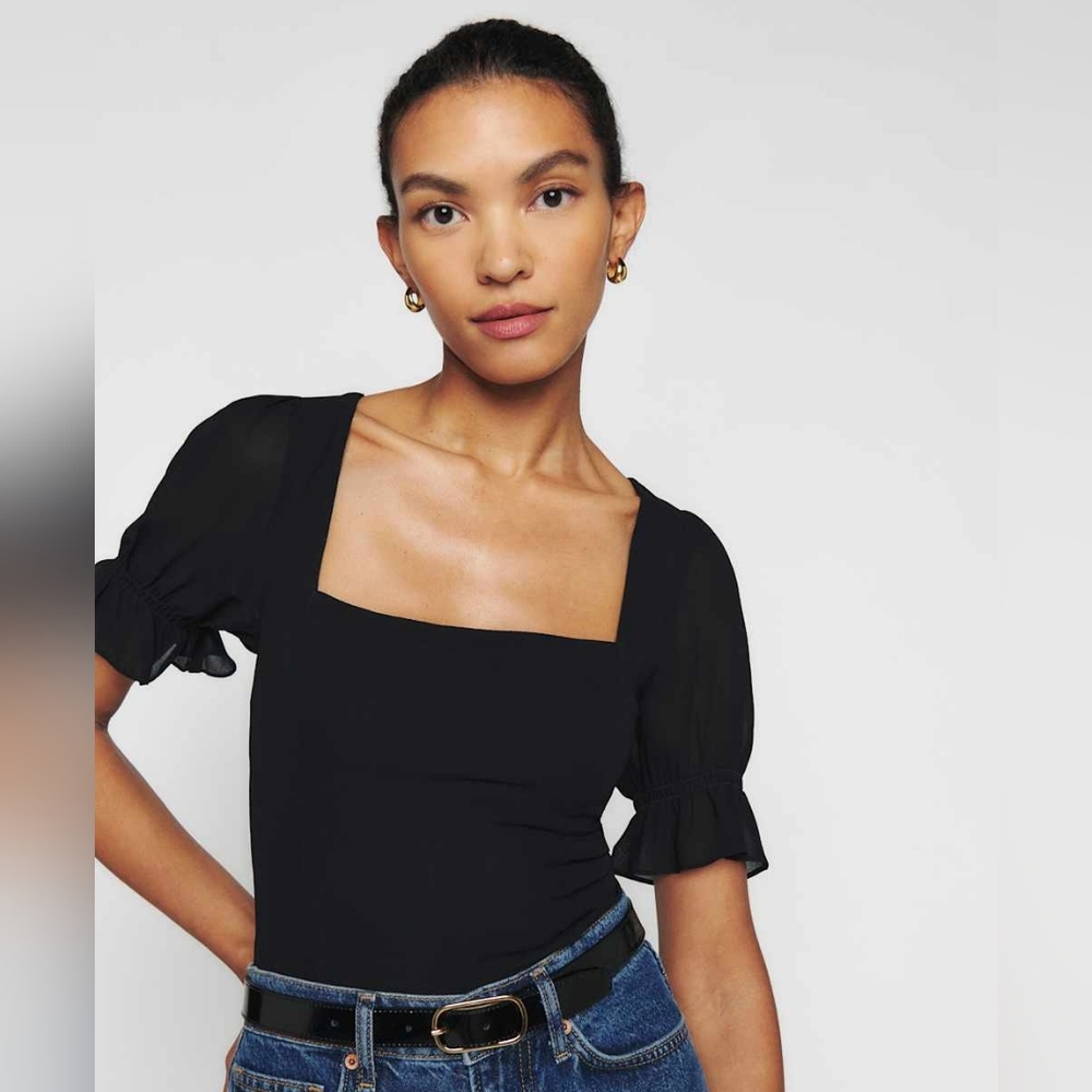 Reformation Constance Top In Black Ruched Back Square Neck